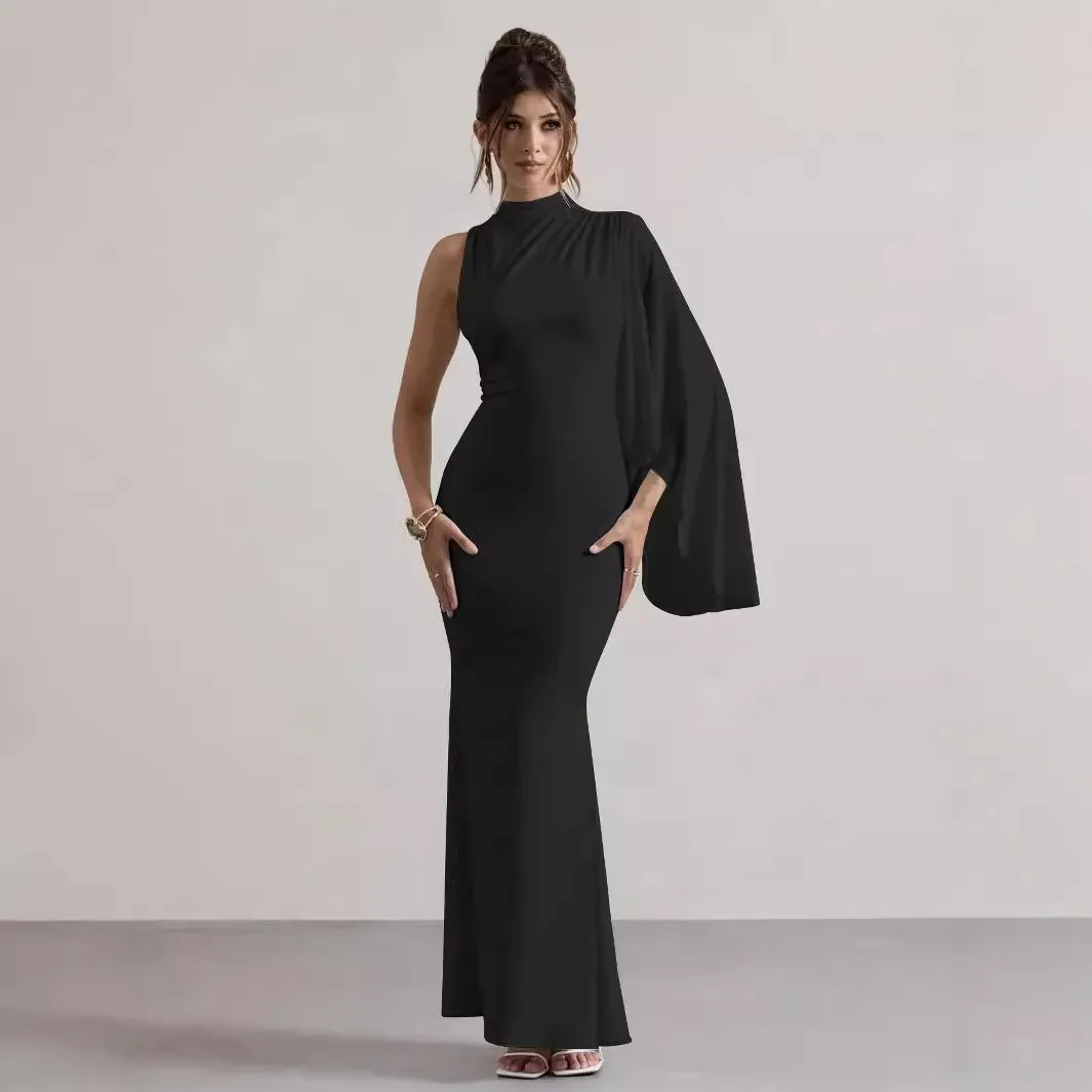 Ayla High Neck Cape Sleeve Sheath Maxi Dress