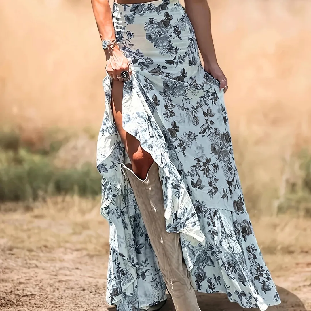 Black Boho Floral High Waist Ruffle Split Maxi Skirt