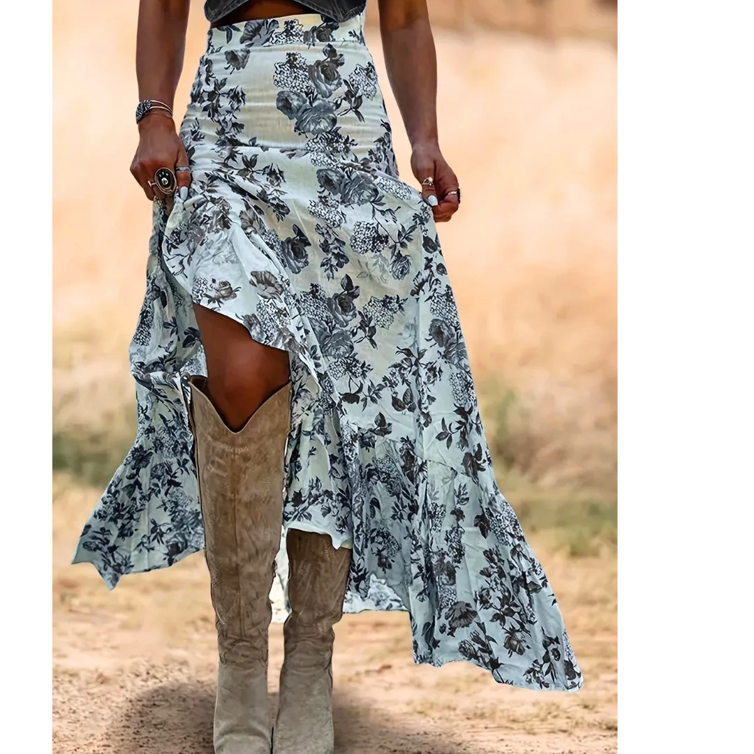 Black Boho Floral High Waist Ruffle Split Maxi Skirt