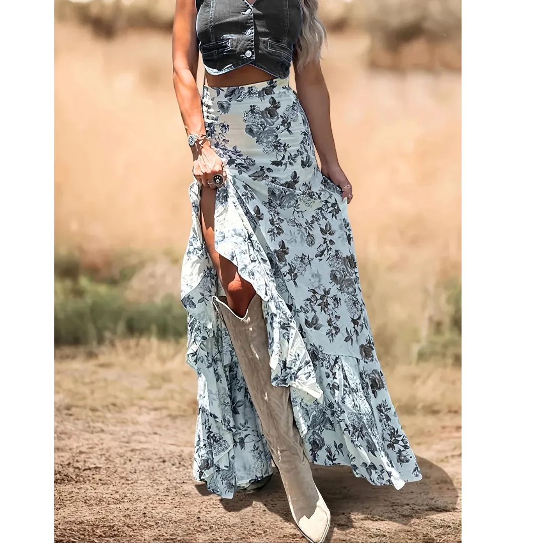 Black Boho Floral High Waist Ruffle Split Maxi Skirt