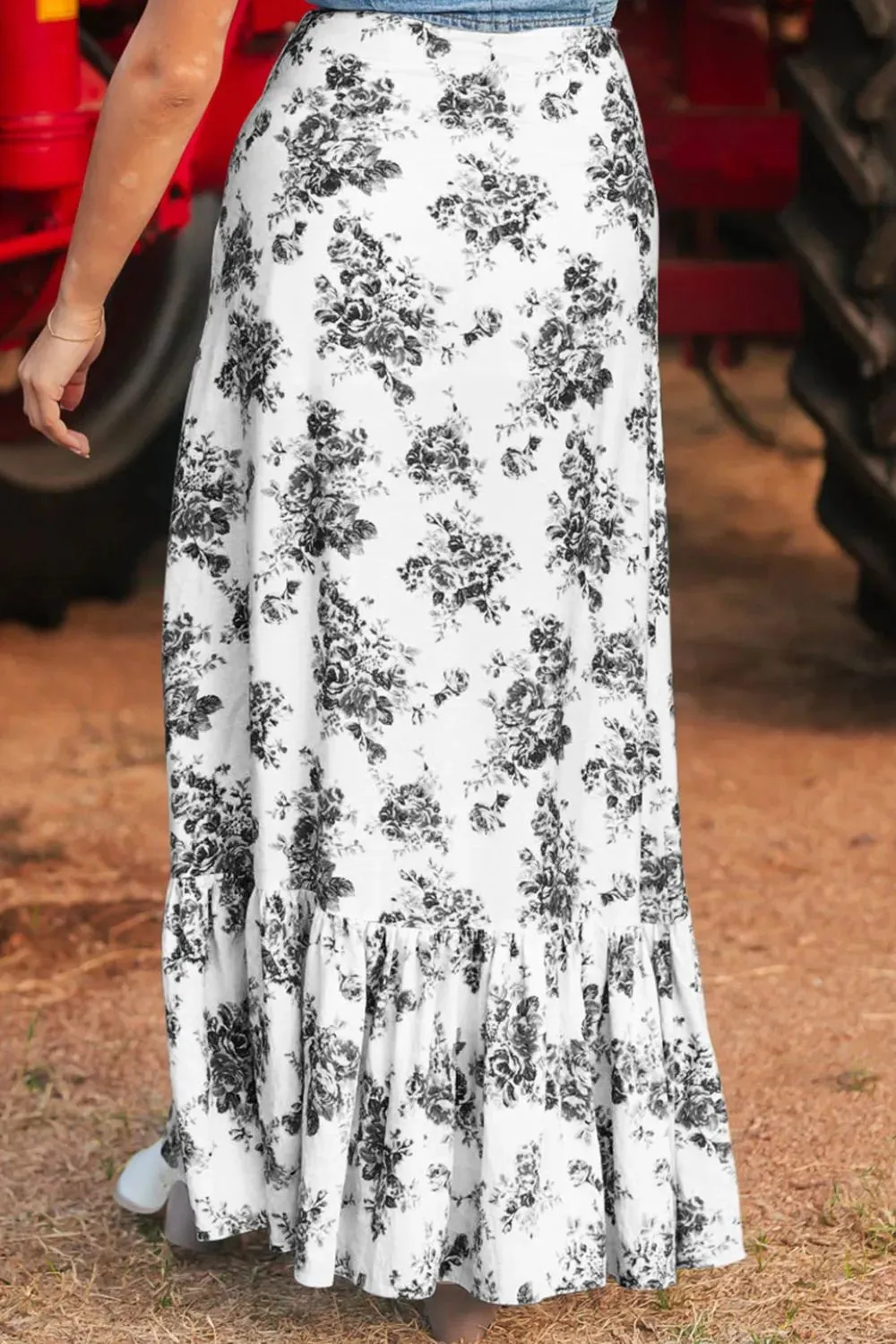 Black Boho Floral High Waist Ruffle Split Maxi Skirt
