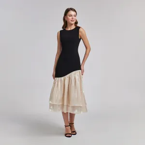 Black Crepe Dress with Organza Ruffles
