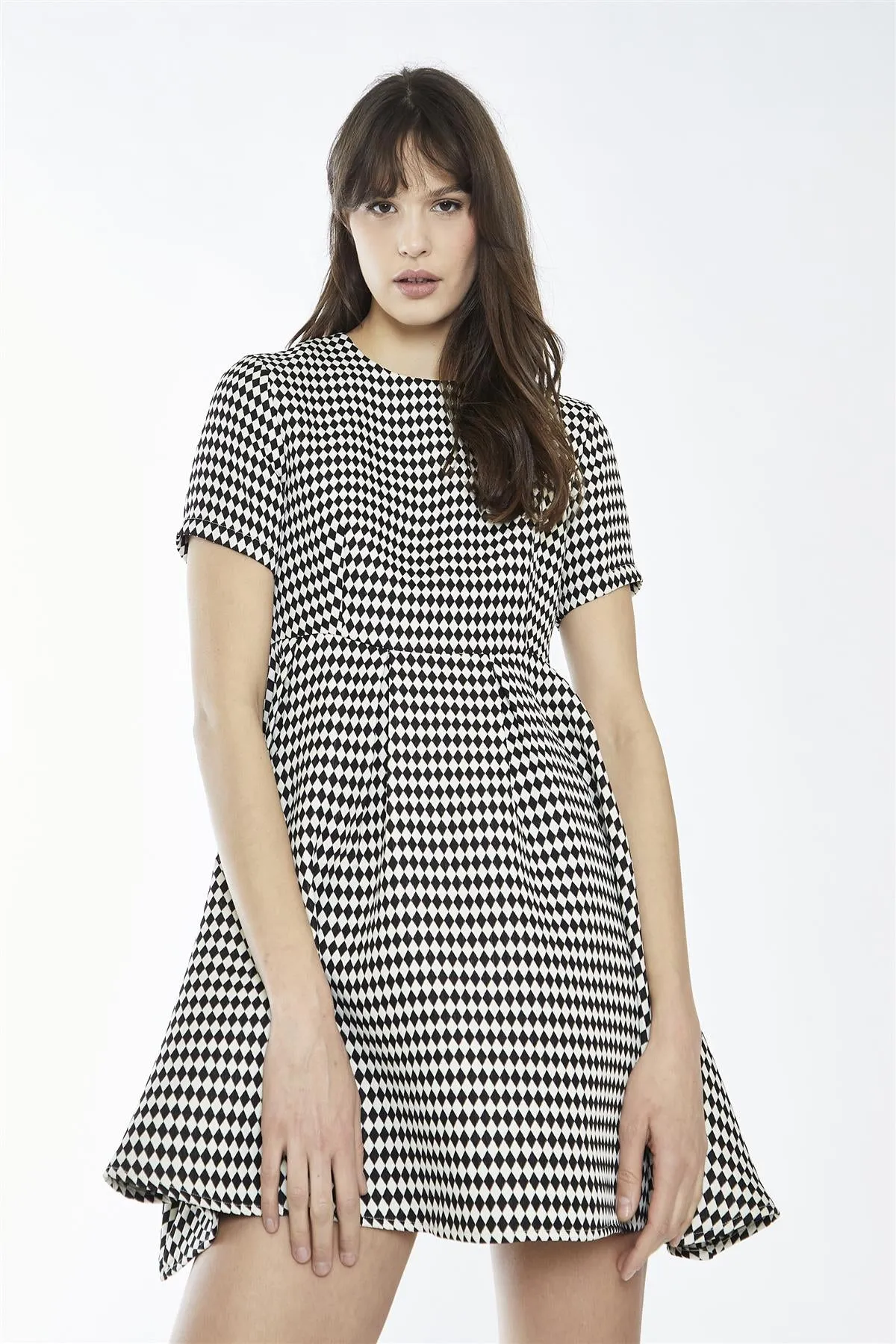 Black-White Diamond Crew-Neck Skater Mini-Dress