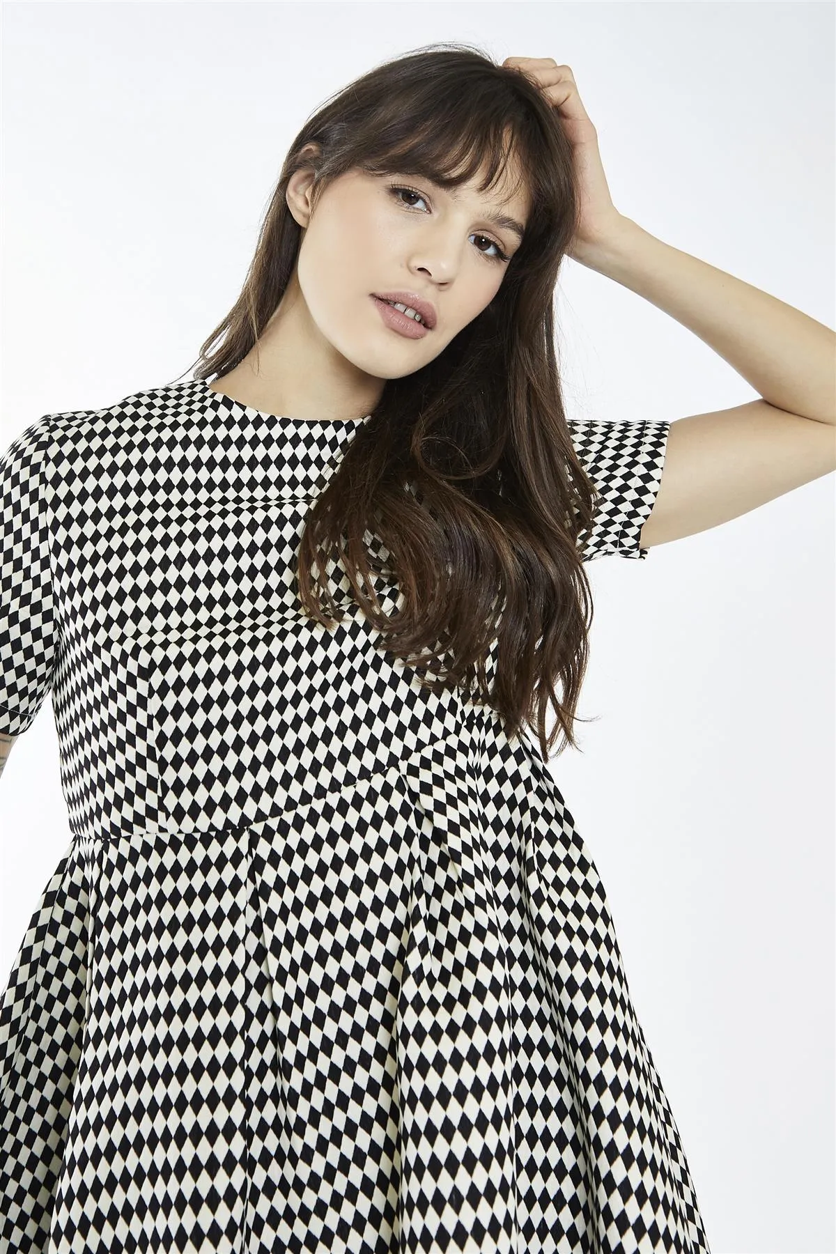 Black-White Diamond Crew-Neck Skater Mini-Dress