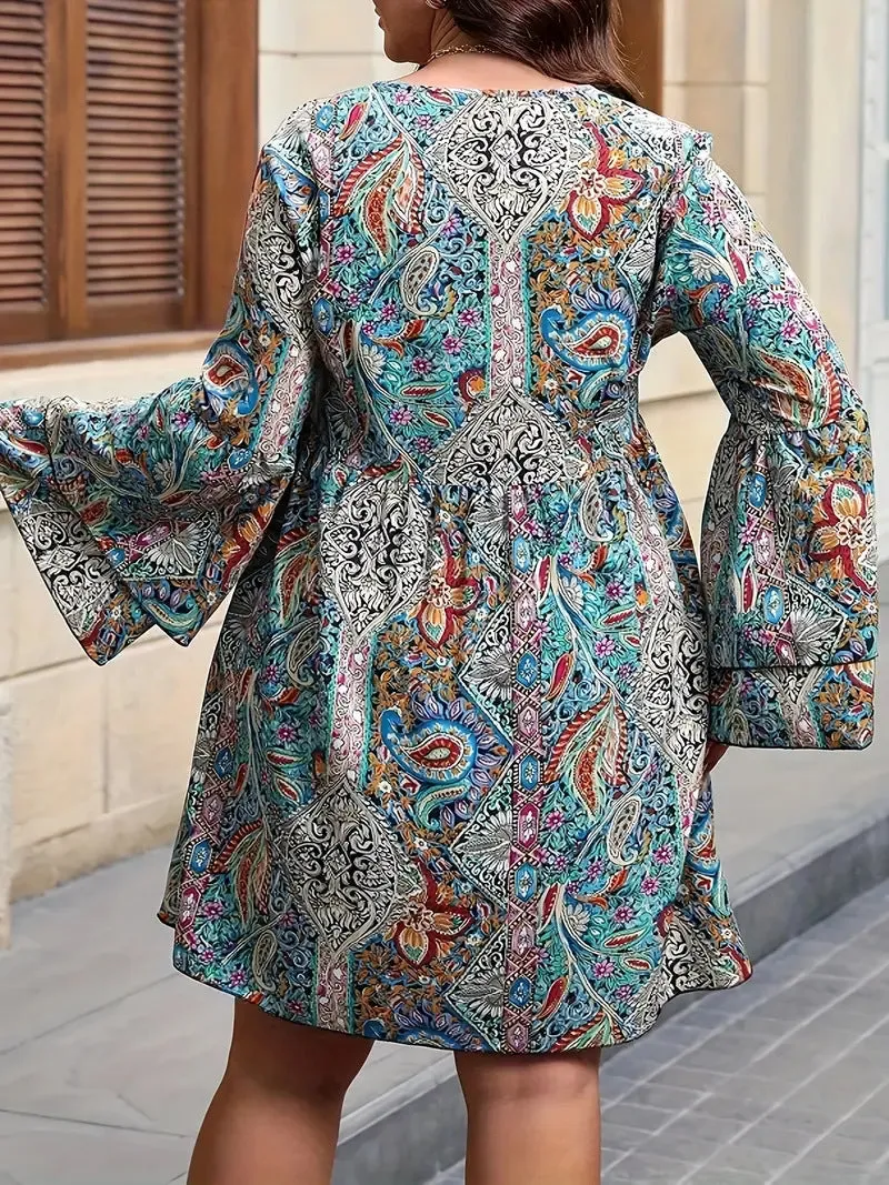 Boho Chic Paisley Print Bell Sleeve V-Neck Dress