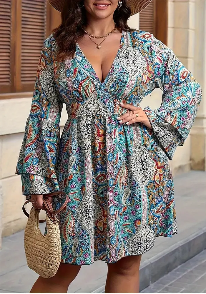 Boho Chic Paisley Print Bell Sleeve V-Neck Dress