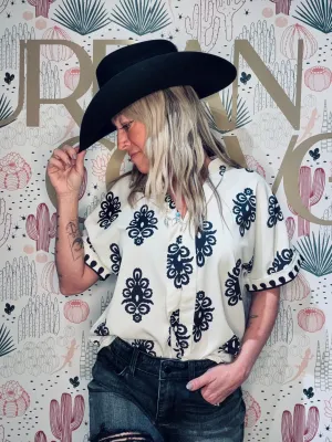 Boho Geometric Print Short Sleeve V Neck Blouse