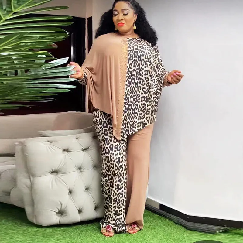 Bold Plus Size Leopard Print Bat Sleeve Beaded Two-Piece Set for Effortless Glamour