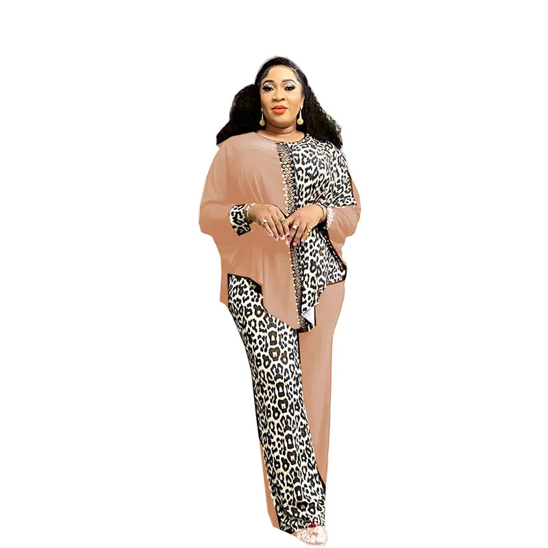 Bold Plus Size Leopard Print Bat Sleeve Beaded Two-Piece Set for Effortless Glamour
