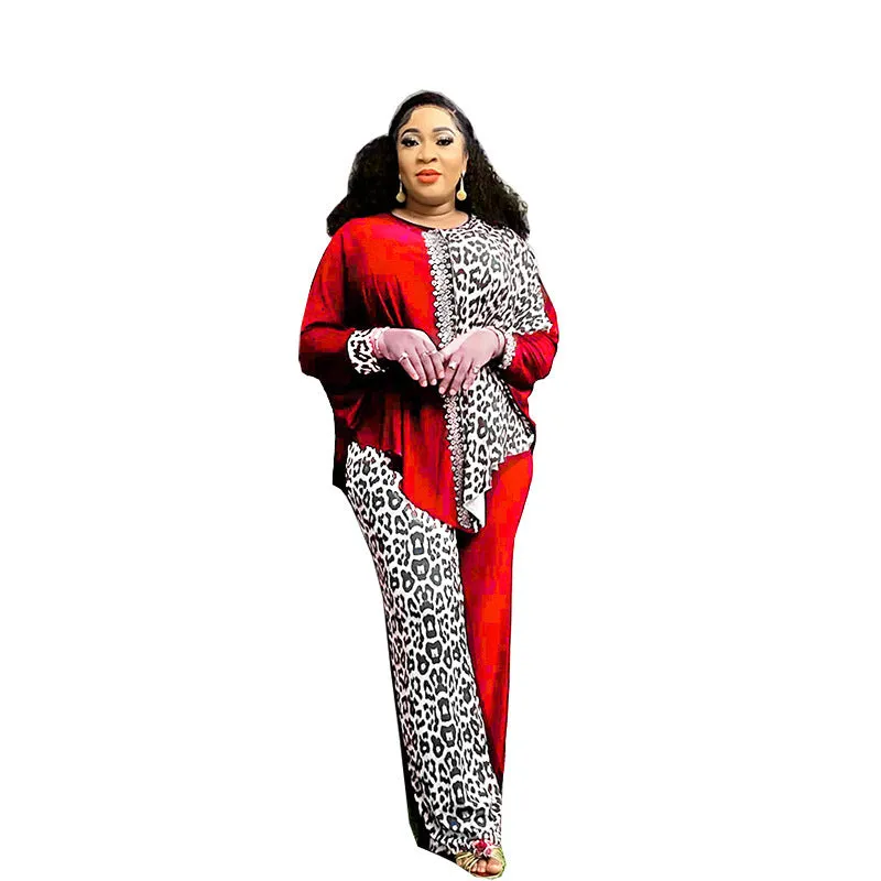 Bold Plus Size Leopard Print Bat Sleeve Beaded Two-Piece Set for Effortless Glamour