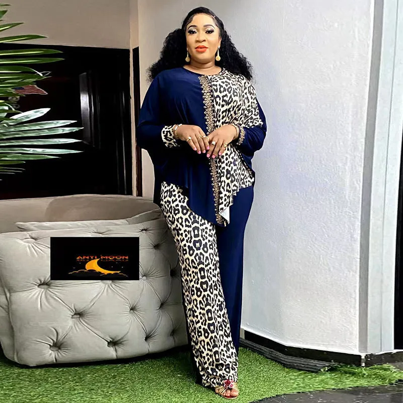 Bold Plus Size Leopard Print Bat Sleeve Beaded Two-Piece Set for Effortless Glamour