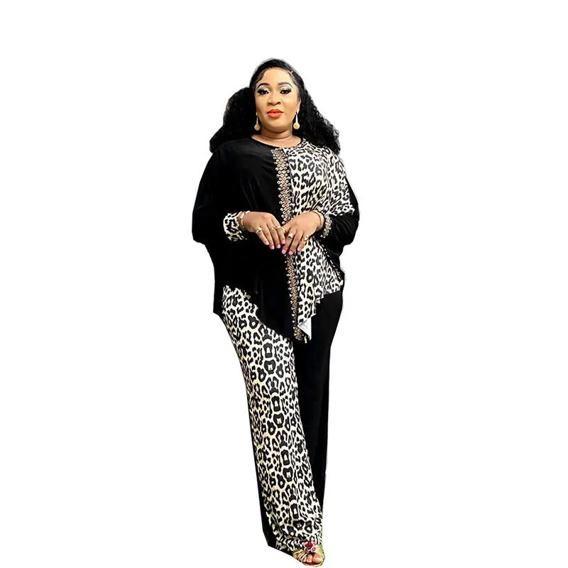 Bold Plus Size Leopard Print Bat Sleeve Beaded Two-Piece Set for Effortless Glamour