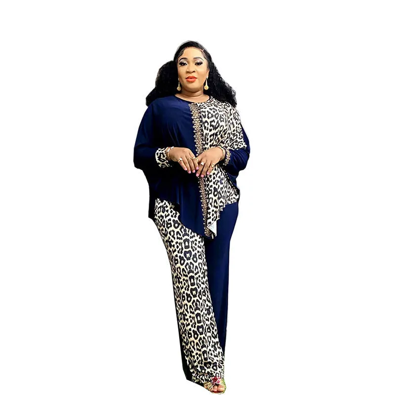 Bold Plus Size Leopard Print Bat Sleeve Beaded Two-Piece Set for Effortless Glamour