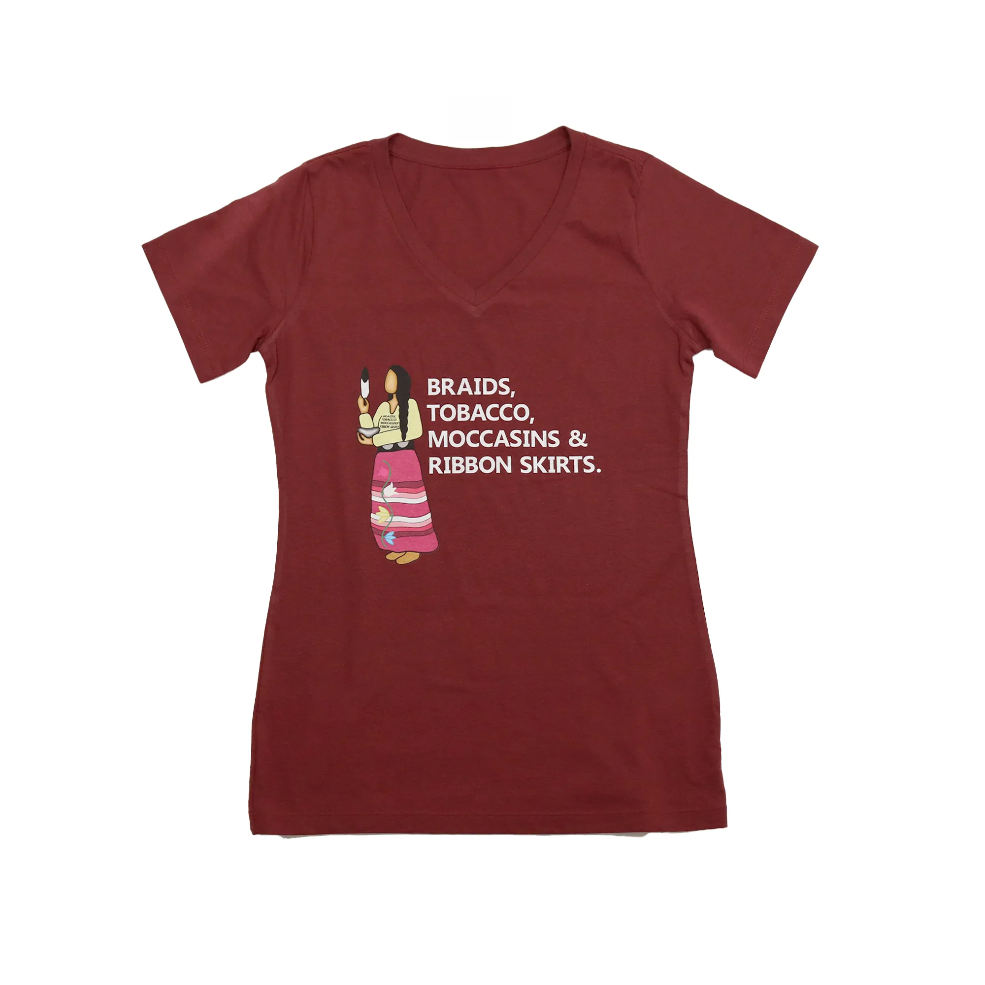 Braids Tobacco Moccasins & Ribbon Skirts V-neck
