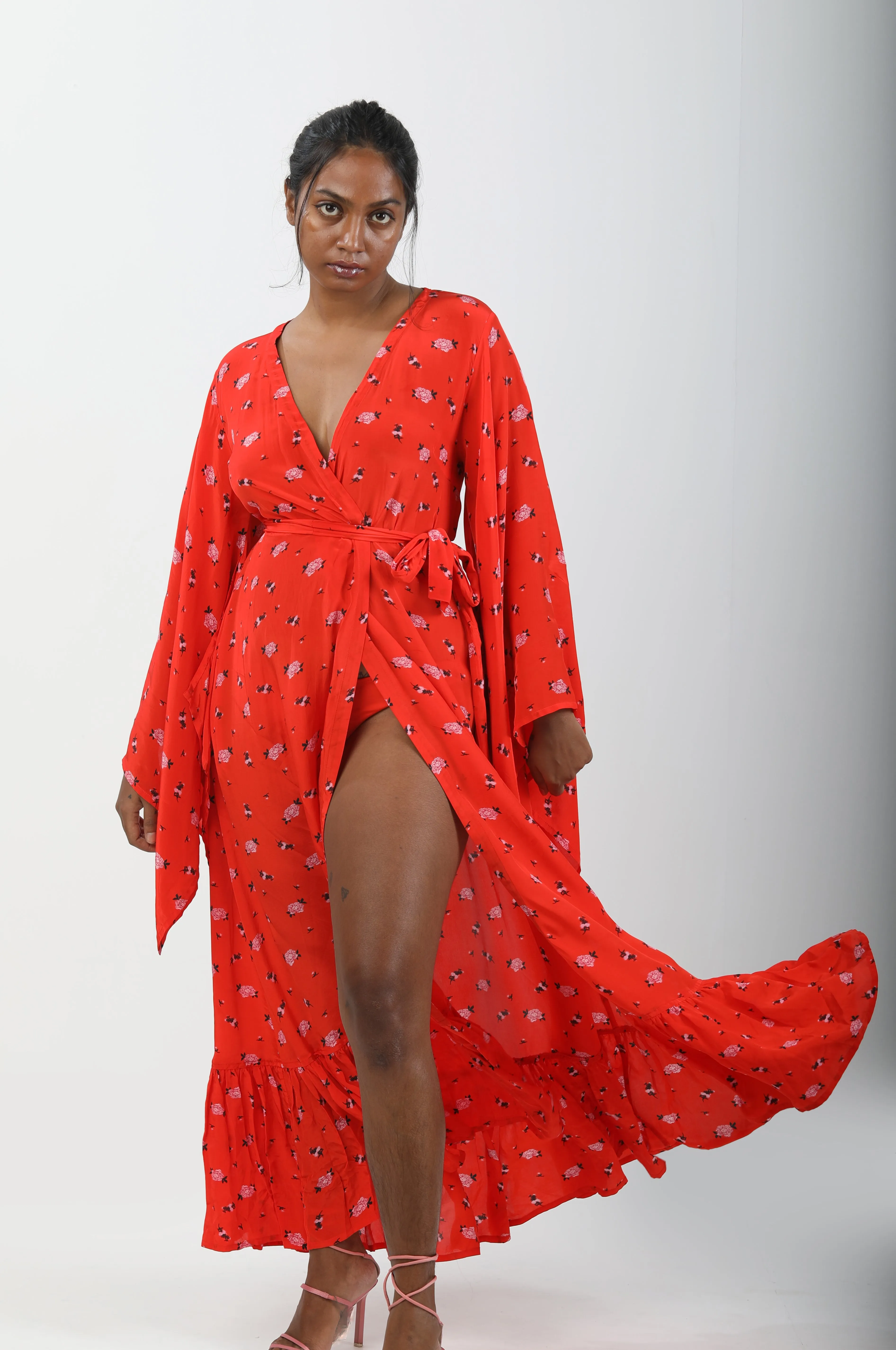Butterfly Sleeve Wrap Around Dress - Carnations