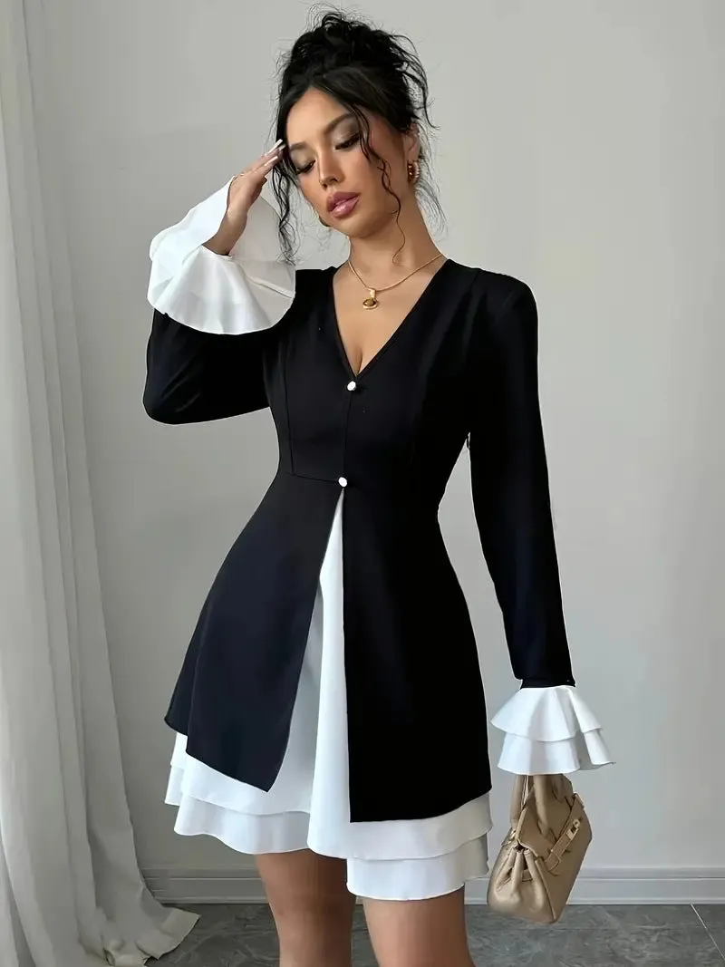Chic Contrast Color V-Neck Ruffle Sleeve A-Line Dress