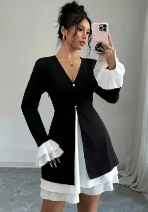 Chic Contrast Color V-Neck Ruffle Sleeve A-Line Dress