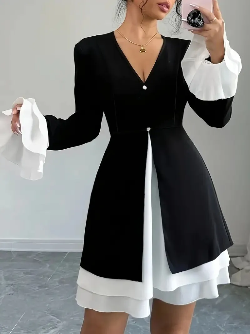 Chic Contrast Color V-Neck Ruffle Sleeve A-Line Dress