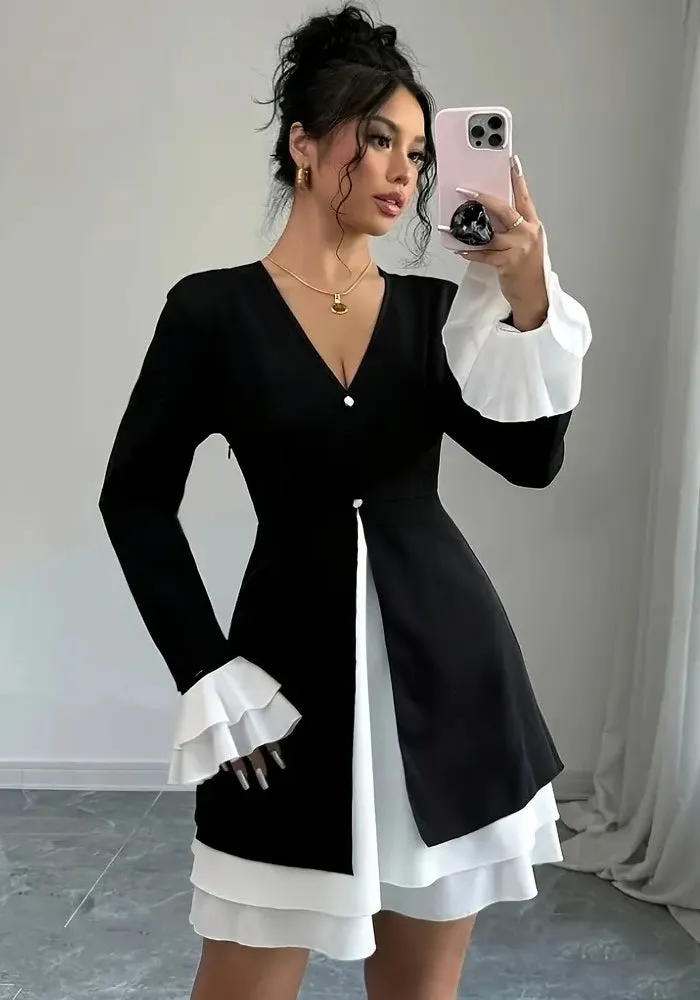 Chic Contrast Color V-Neck Ruffle Sleeve A-Line Dress