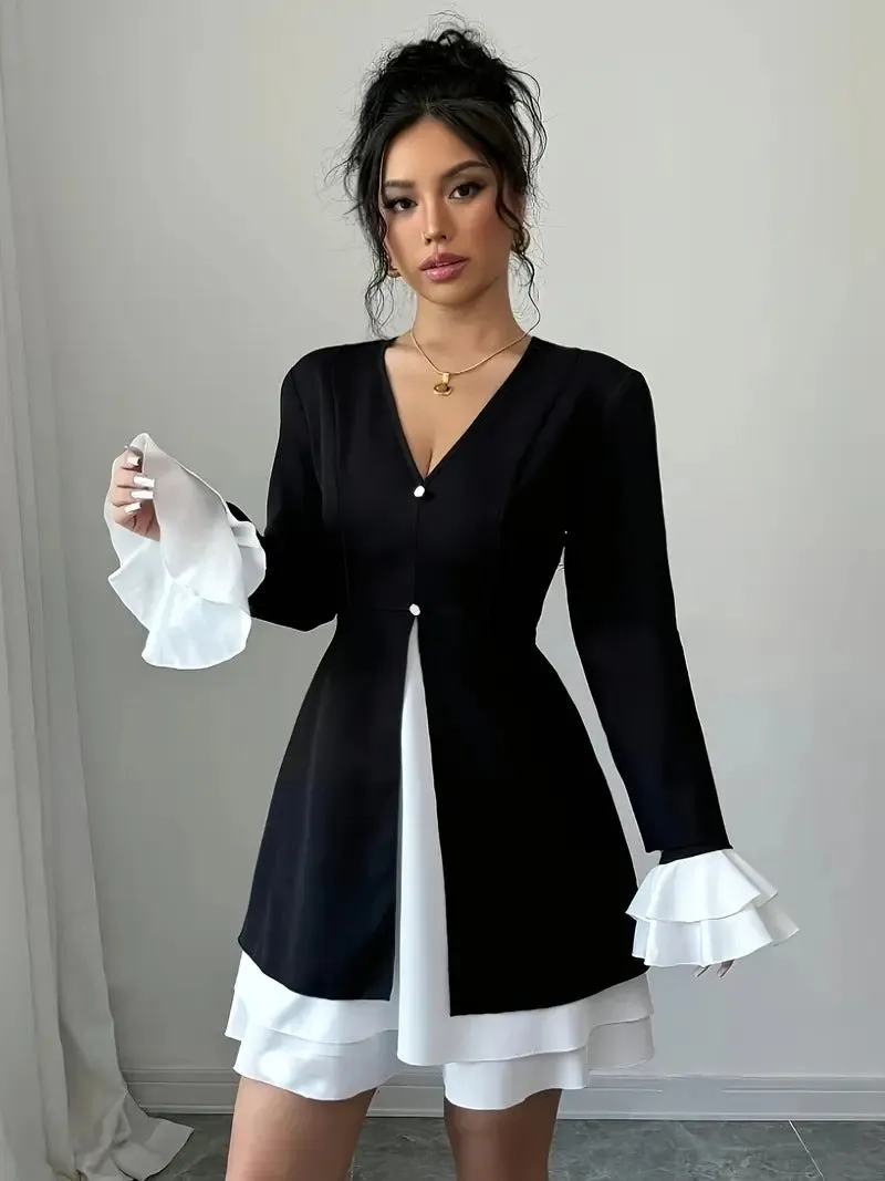 Chic Contrast Color V-Neck Ruffle Sleeve A-Line Dress