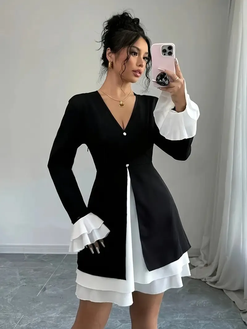 Chic Contrast Color V-Neck Ruffle Sleeve A-Line Dress