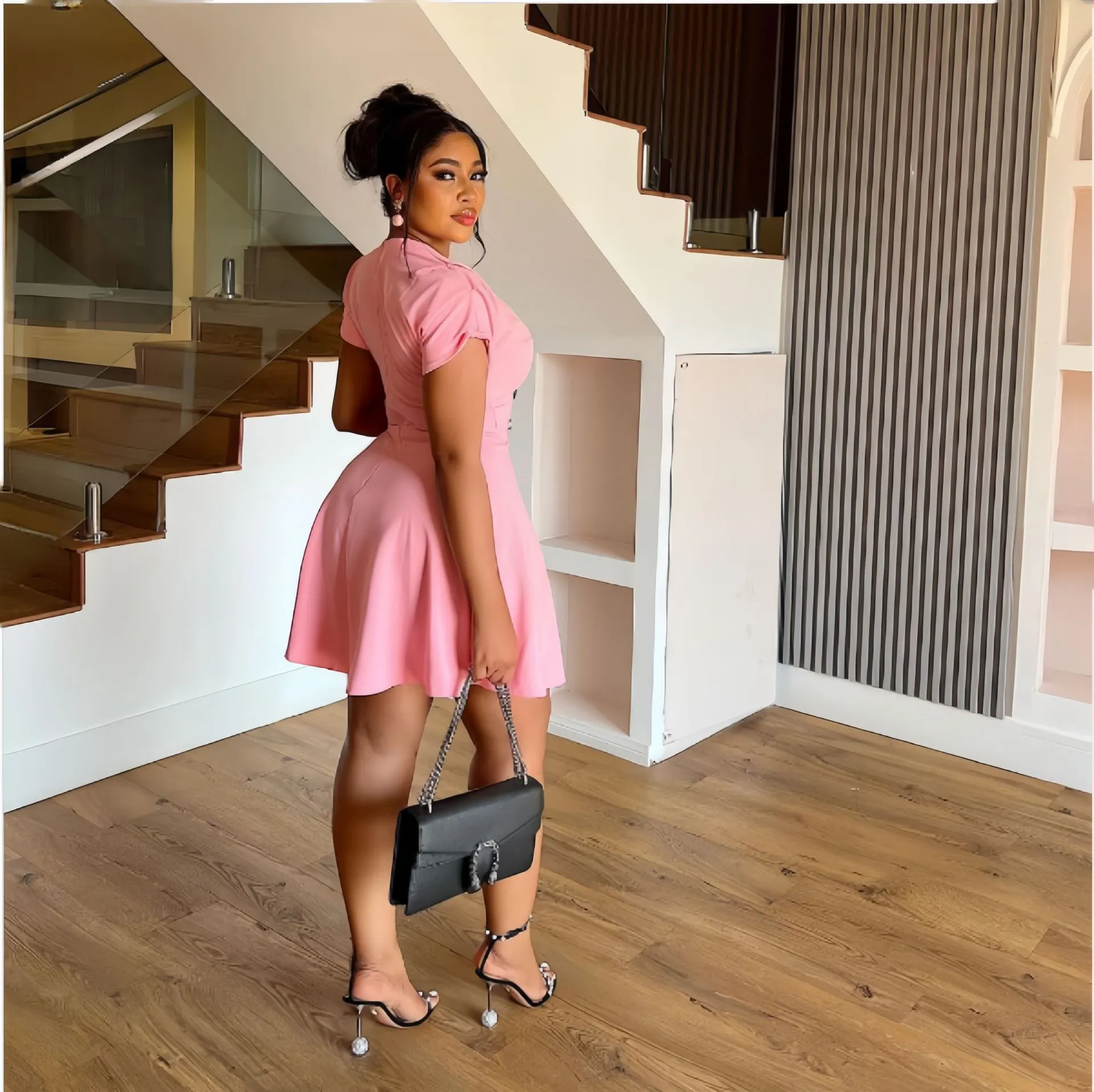 Chic Double-Breasted V-Neck Fit-and-Flare Short Sleeve Dress