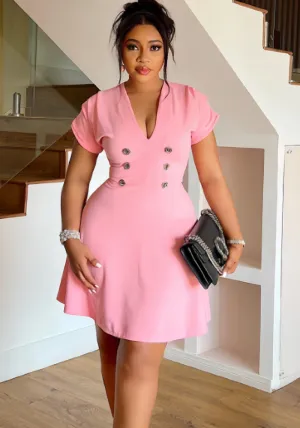 Chic Double-Breasted V-Neck Fit-and-Flare Short Sleeve Dress