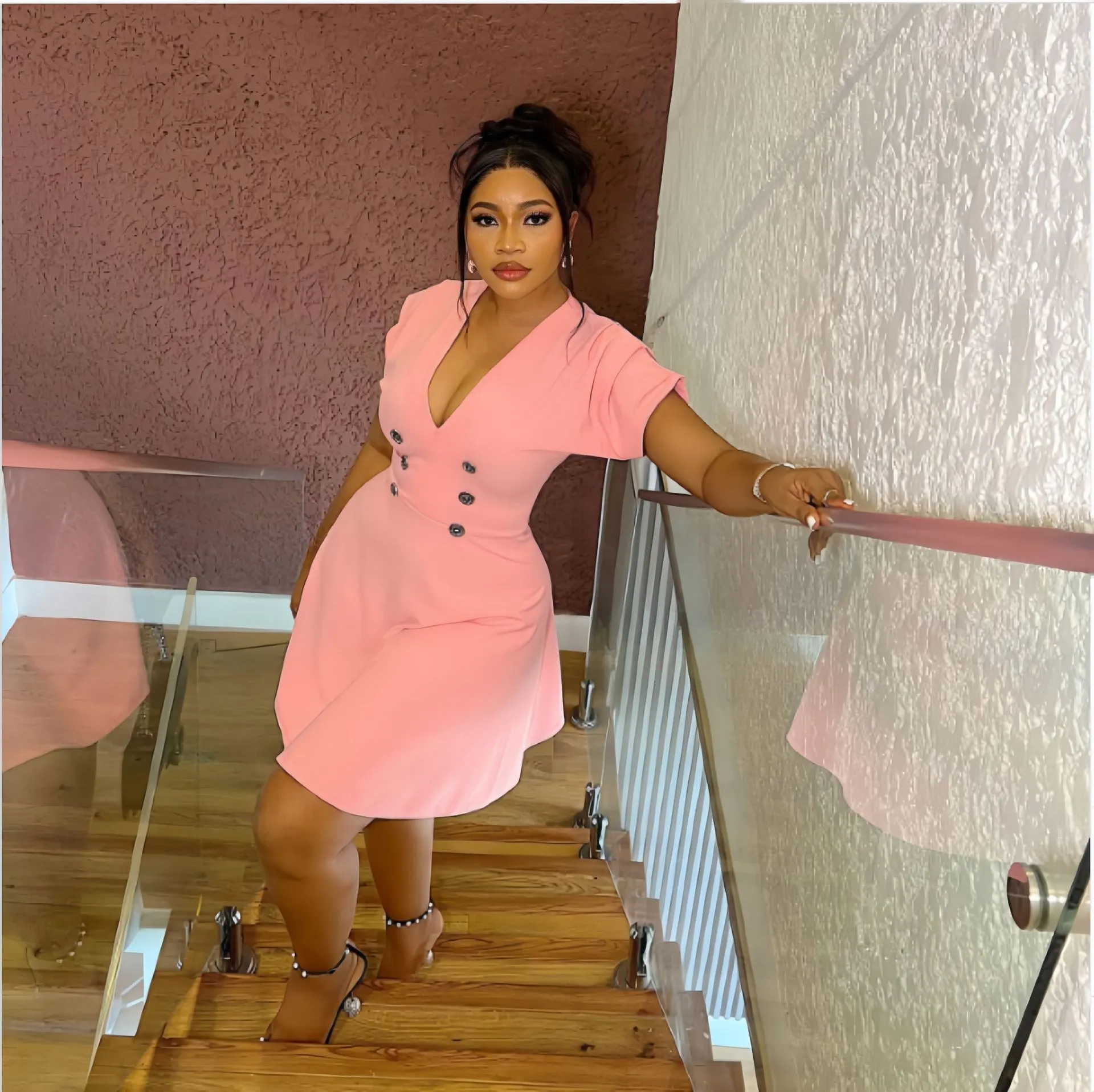 Chic Double-Breasted V-Neck Fit-and-Flare Short Sleeve Dress