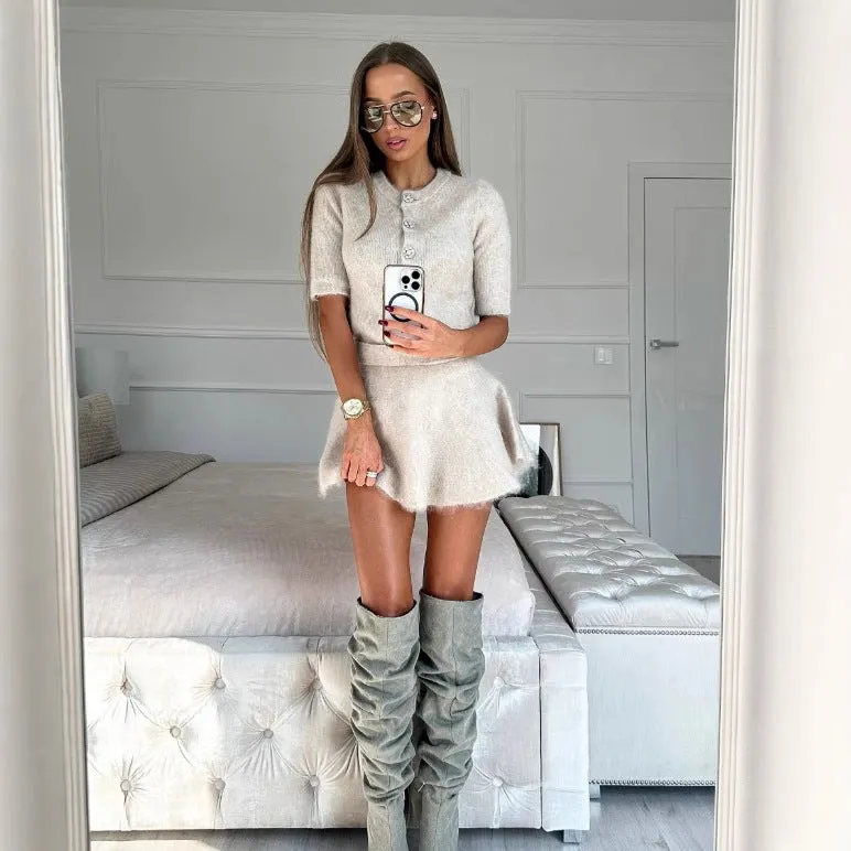 Chic Knitted Round-Neck Short-Sleeve Top and Flared Mini Skirt Set