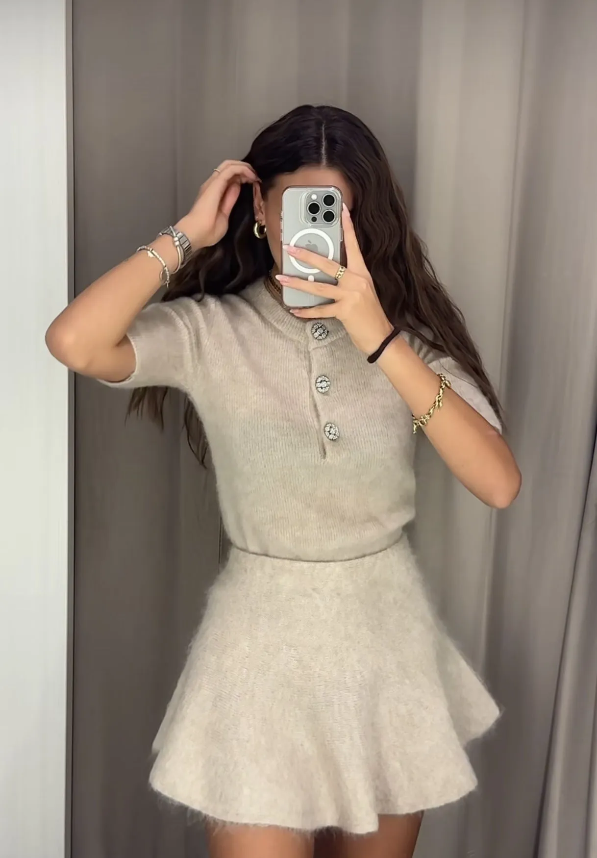 Chic Knitted Round-Neck Short-Sleeve Top and Flared Mini Skirt Set
