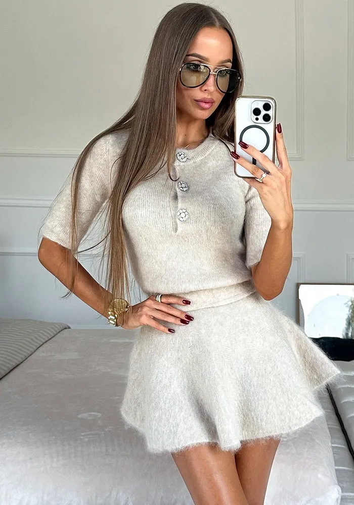 Chic Knitted Round-Neck Short-Sleeve Top and Flared Mini Skirt Set
