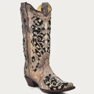 Corral Women's Black Glitter Inlay Crystal Snip Toe Cowboy Boots