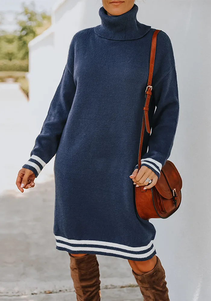 Cozy High-Neck Striped Cuff Long-Sleeve Knitted Sweater Dress