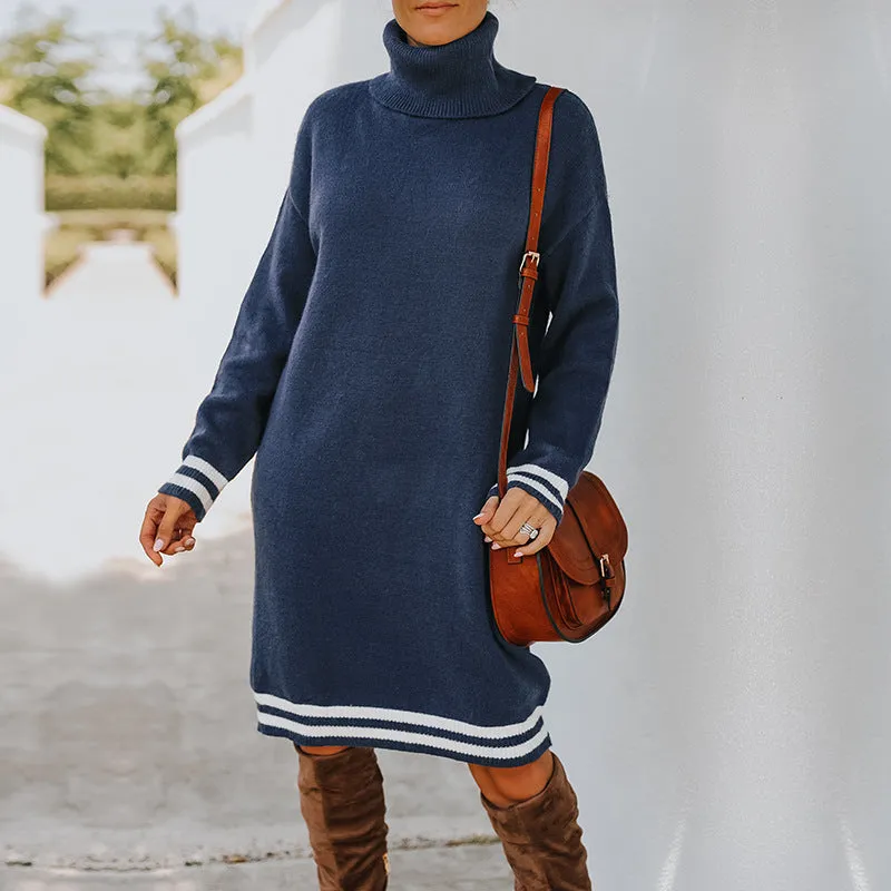 Cozy High-Neck Striped Cuff Long-Sleeve Knitted Sweater Dress