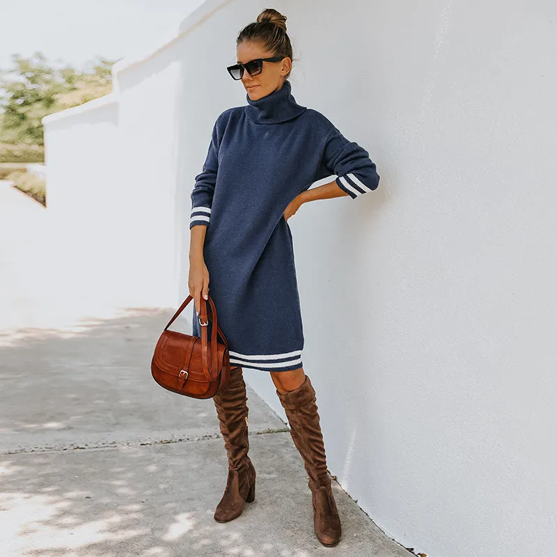 Cozy High-Neck Striped Cuff Long-Sleeve Knitted Sweater Dress