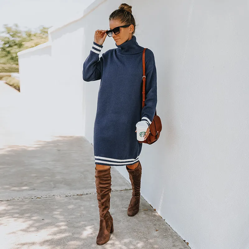 Cozy High-Neck Striped Cuff Long-Sleeve Knitted Sweater Dress