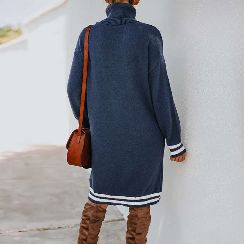 Cozy High-Neck Striped Cuff Long-Sleeve Knitted Sweater Dress