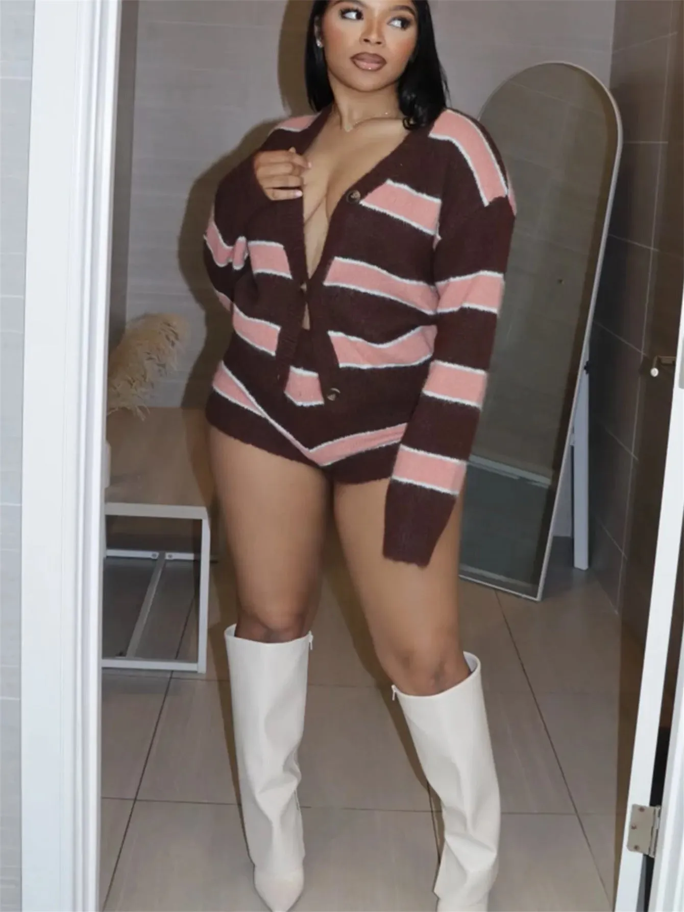 Cozy Striped Knit Cardigan and Shorts Two-Piece Set