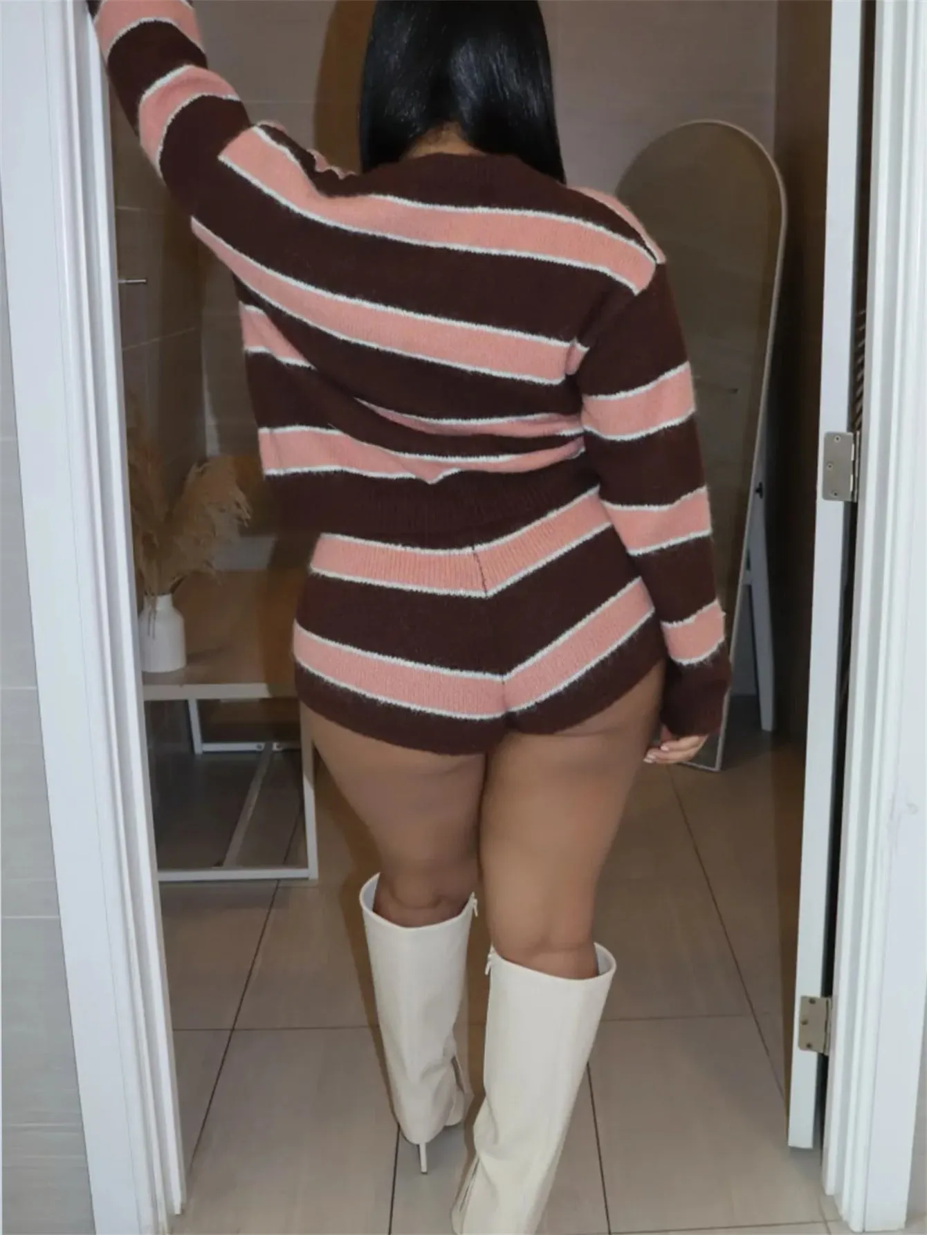Cozy Striped Knit Cardigan and Shorts Two-Piece Set