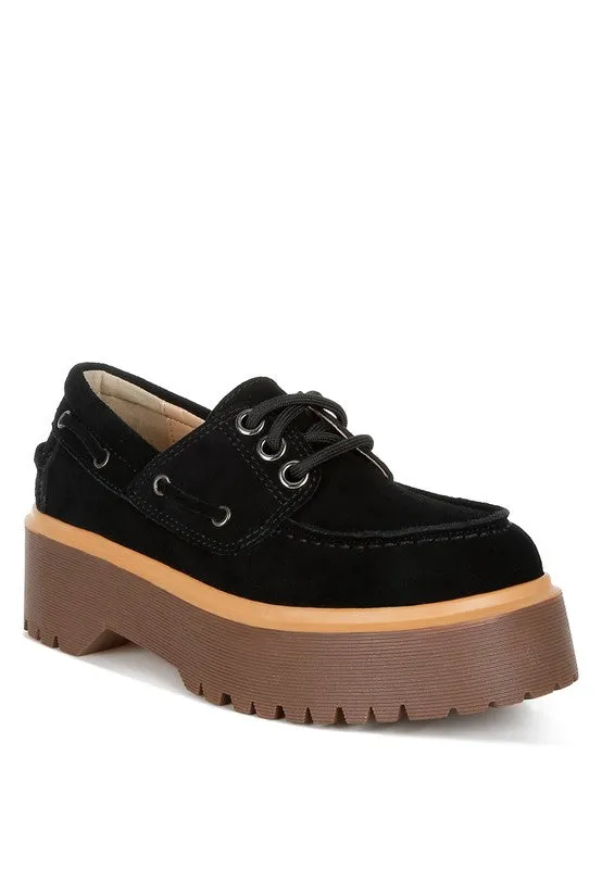 Cuckatoos Chunky Suede Oxford Loafers - Lace-Up, Lug Sole, Low Block Heel