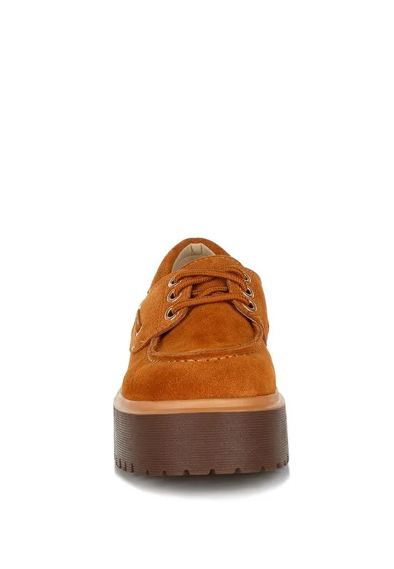 Cuckatoos Chunky Suede Oxford Loafers - Lace-Up, Lug Sole, Low Block Heel