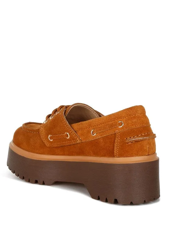 Cuckatoos Chunky Suede Oxford Loafers - Lace-Up, Lug Sole, Low Block Heel