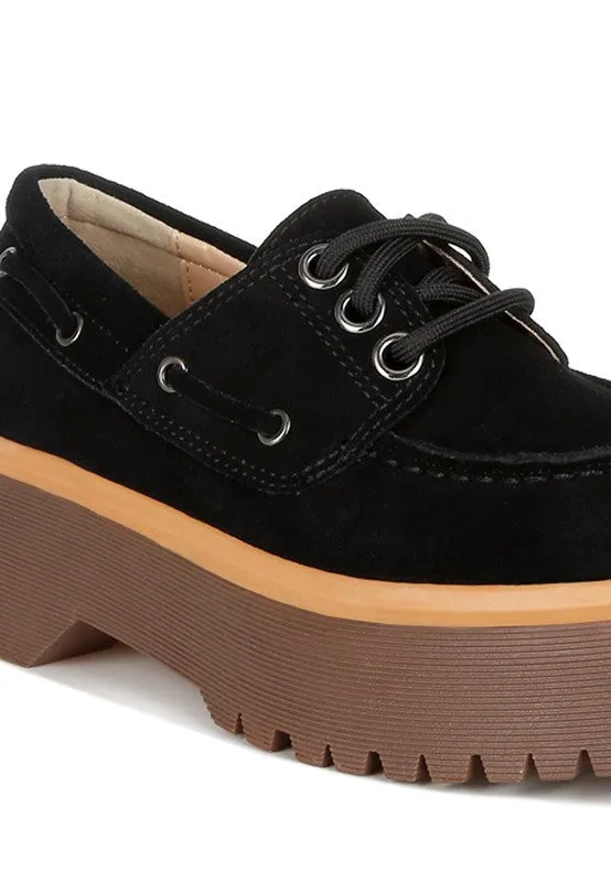 Cuckatoos Chunky Suede Oxford Loafers - Lace-Up, Lug Sole, Low Block Heel