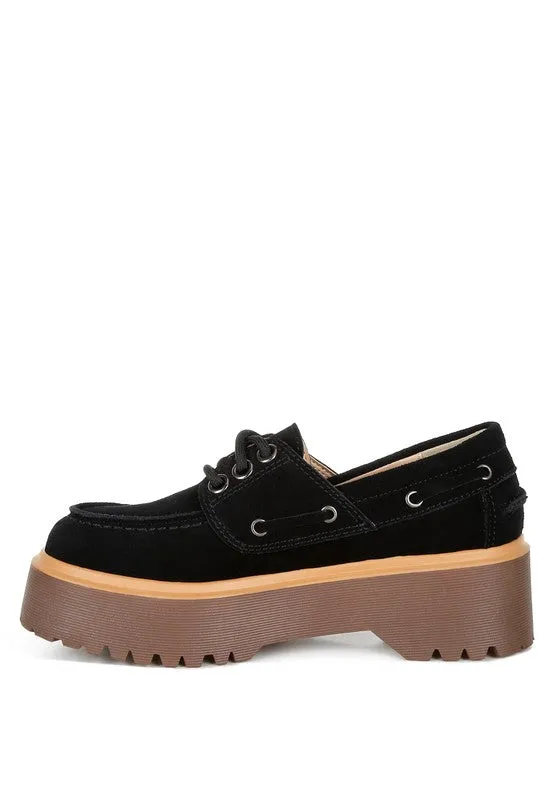Cuckatoos Chunky Suede Oxford Loafers - Lace-Up, Lug Sole, Low Block Heel