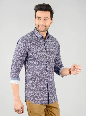 Dark Blue Printed Slim Fit Casual Shirt | JadeBlue