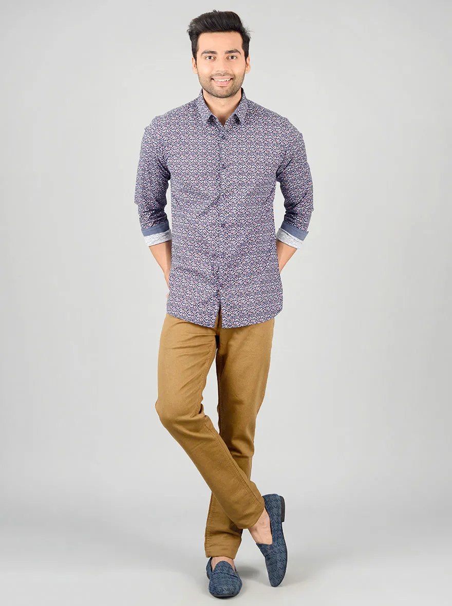 Dark Blue Printed Slim Fit Casual Shirt | JadeBlue