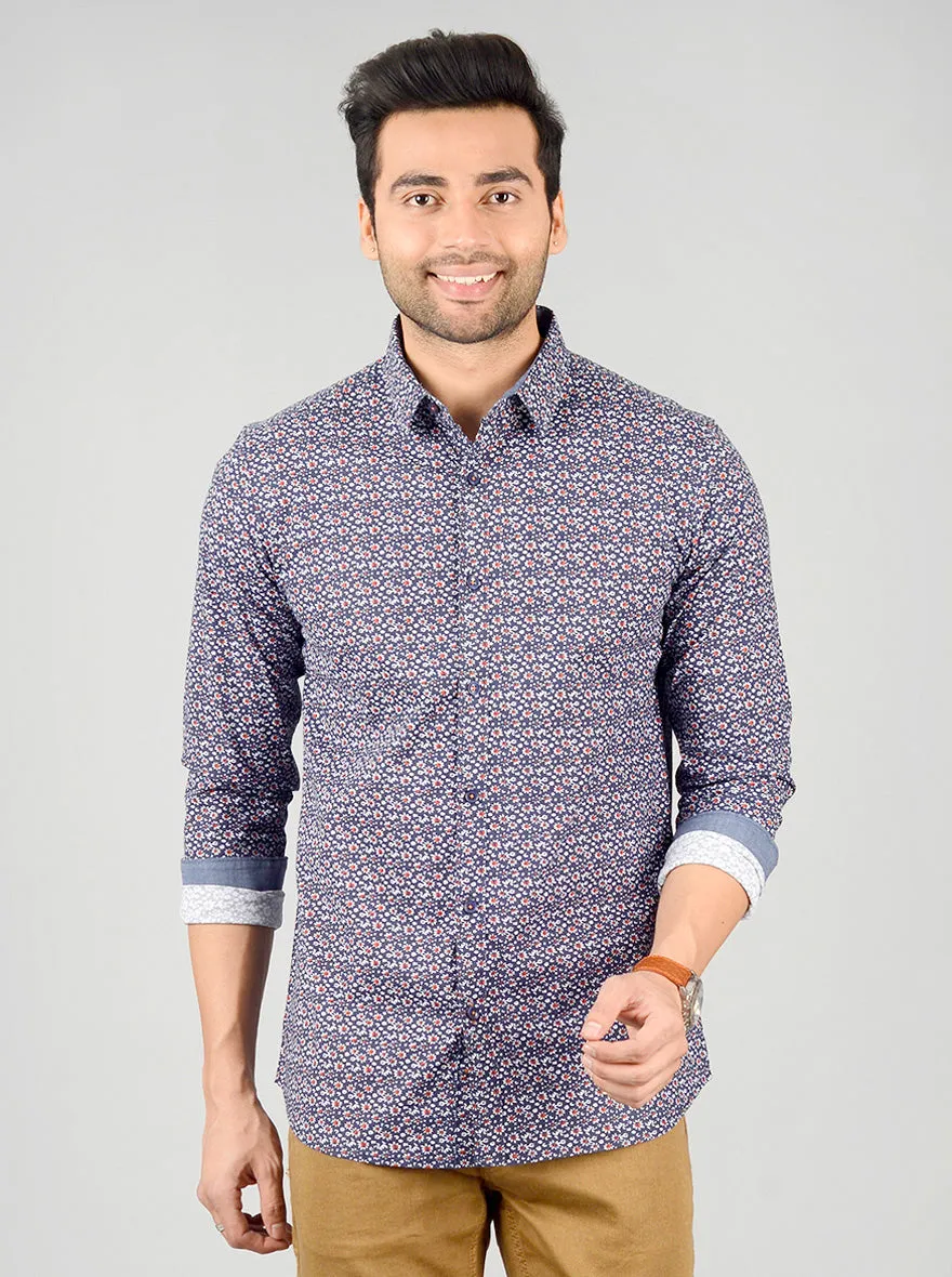 Dark Blue Printed Slim Fit Casual Shirt | JadeBlue