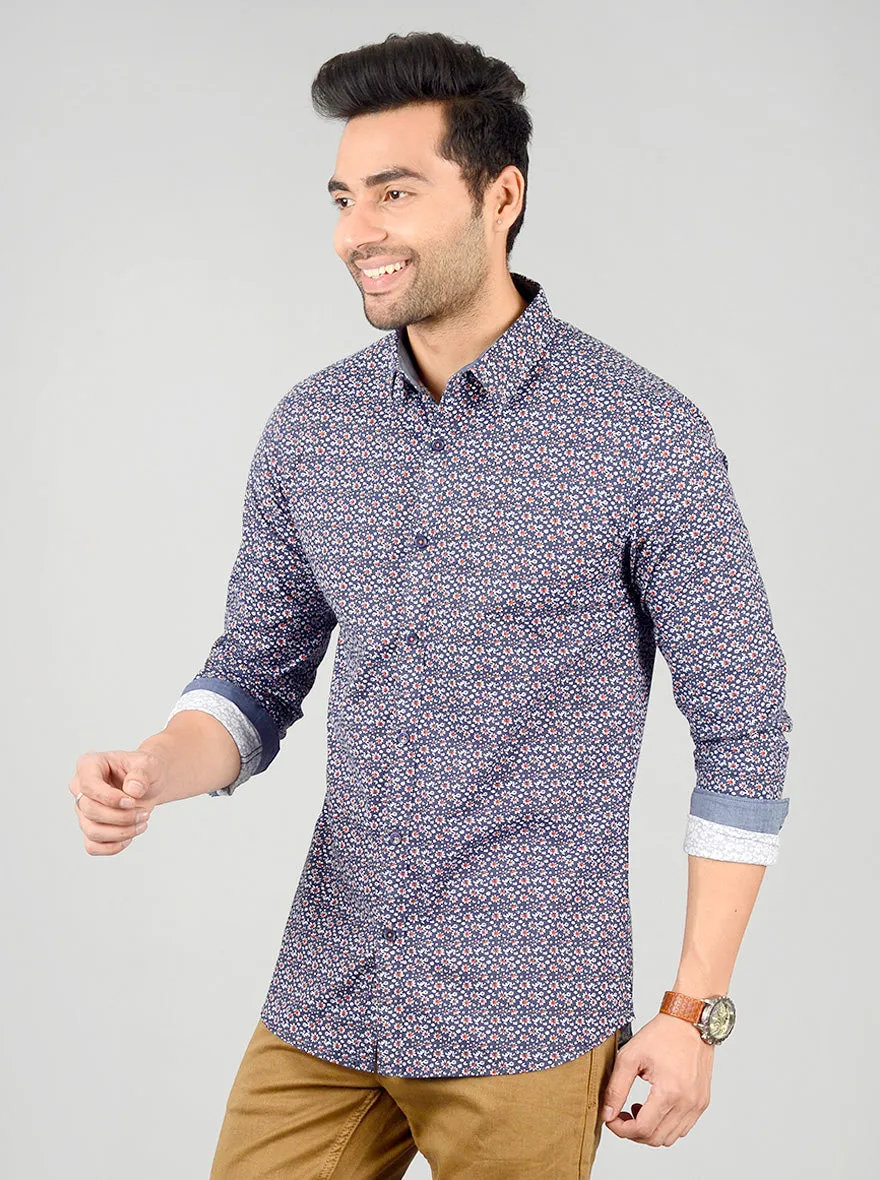 Dark Blue Printed Slim Fit Casual Shirt | JadeBlue