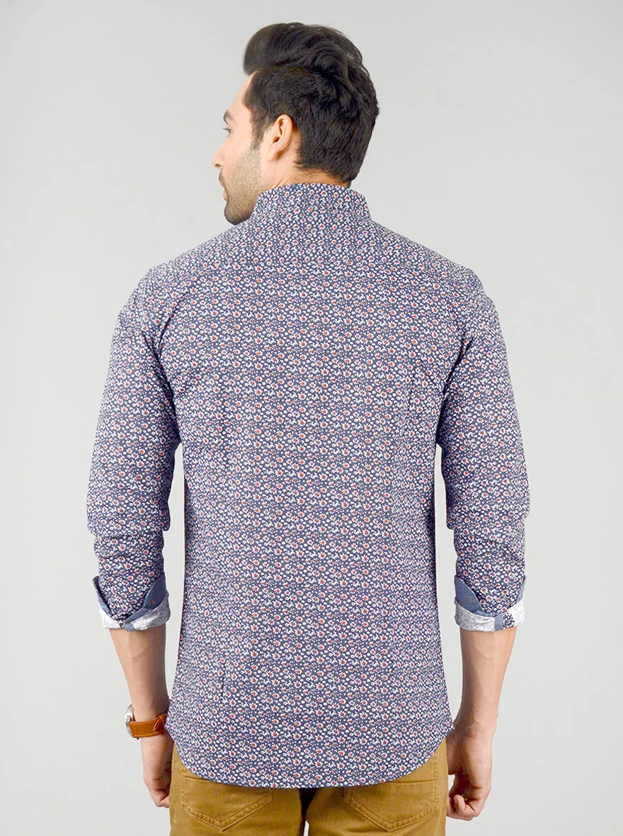 Dark Blue Printed Slim Fit Casual Shirt | JadeBlue