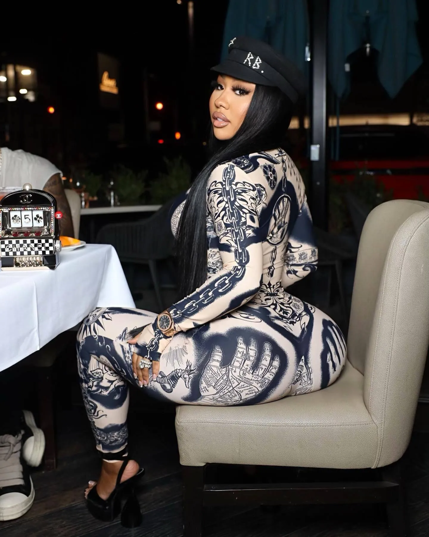 Dramatic All-Over Print Long Sleeve Body-Hugging Jumpsuit